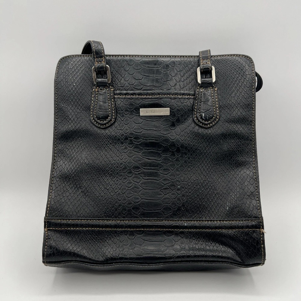 Liz Claiborne Black Croc Embossed Shoulder Bag Organizer Purse Faux Leather